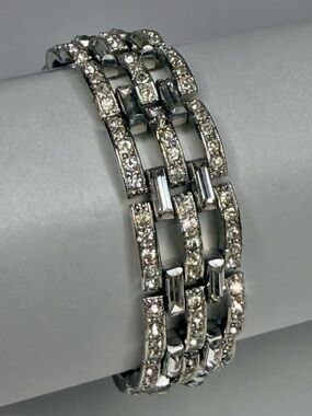 Vintage Signed Coro Silver Tone Rhinestone Wide Gate Link Bracelet Art Deco
